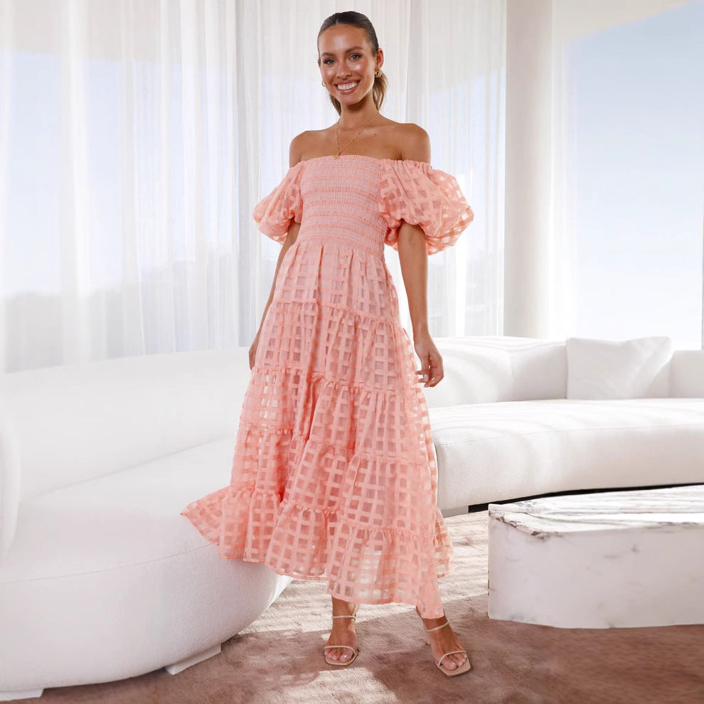 Off Shoulder Ruffle Midi Dress | Layered Mesh, Puff Sleeve | noémi