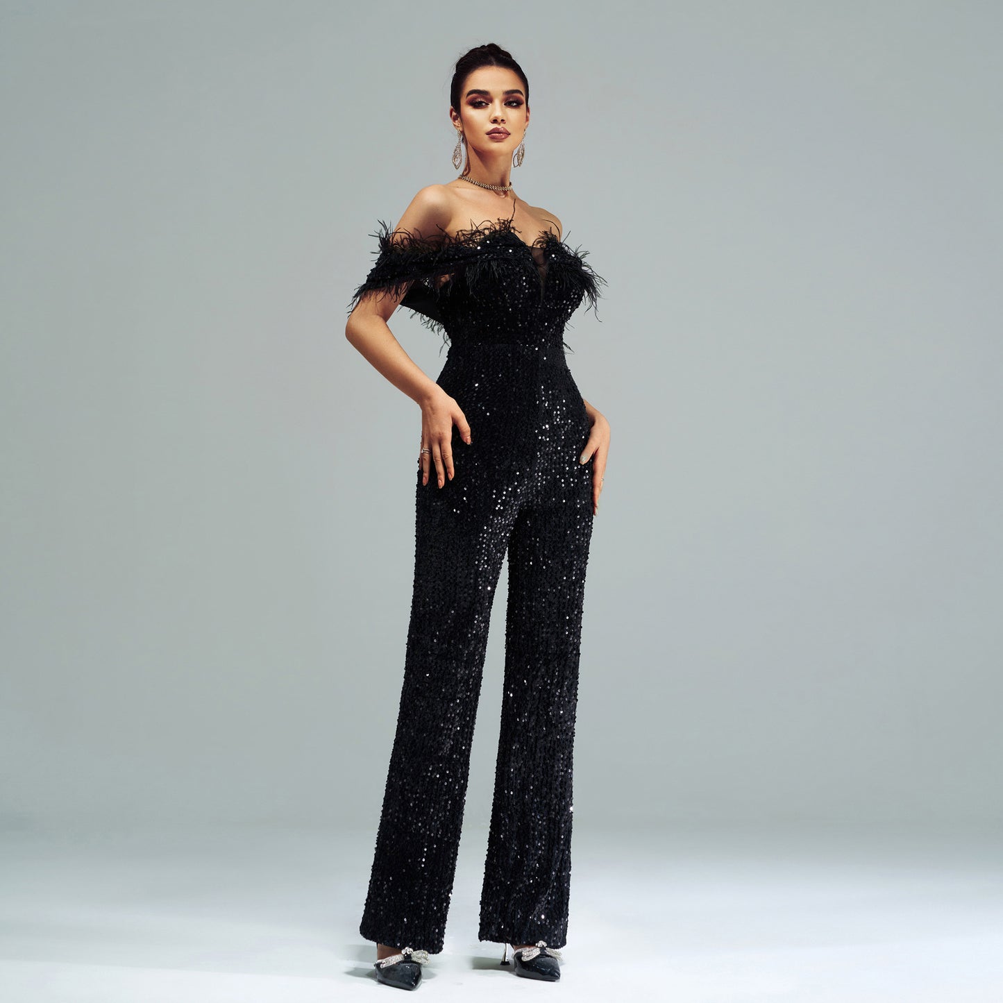 Women’s Black Sequin Off Shoulder Feather Jumpsuit | noémi