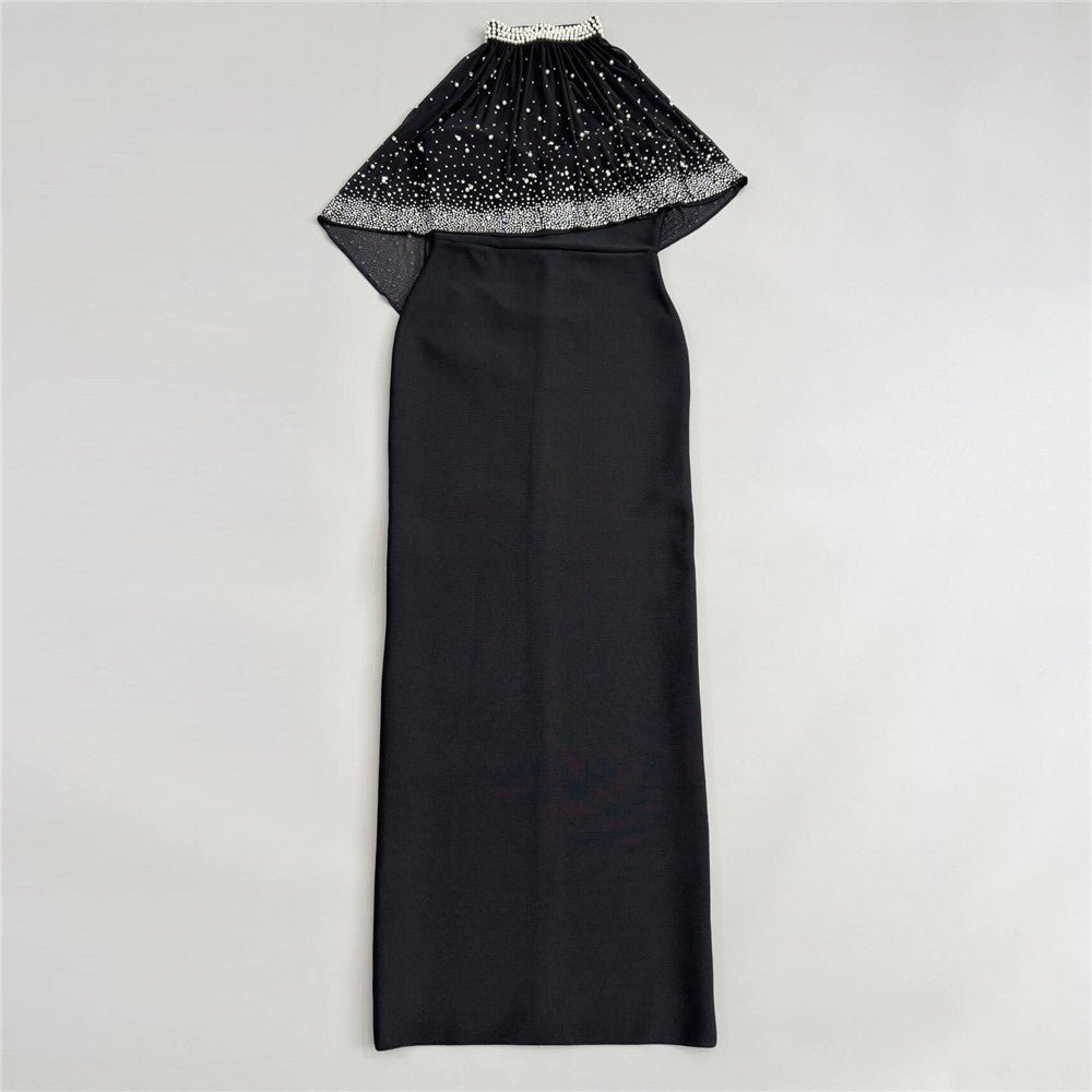 Black Pearl Cape Gown | Strapless Fitted Maxi Dress with Detachable Sheer Overlay | noémi