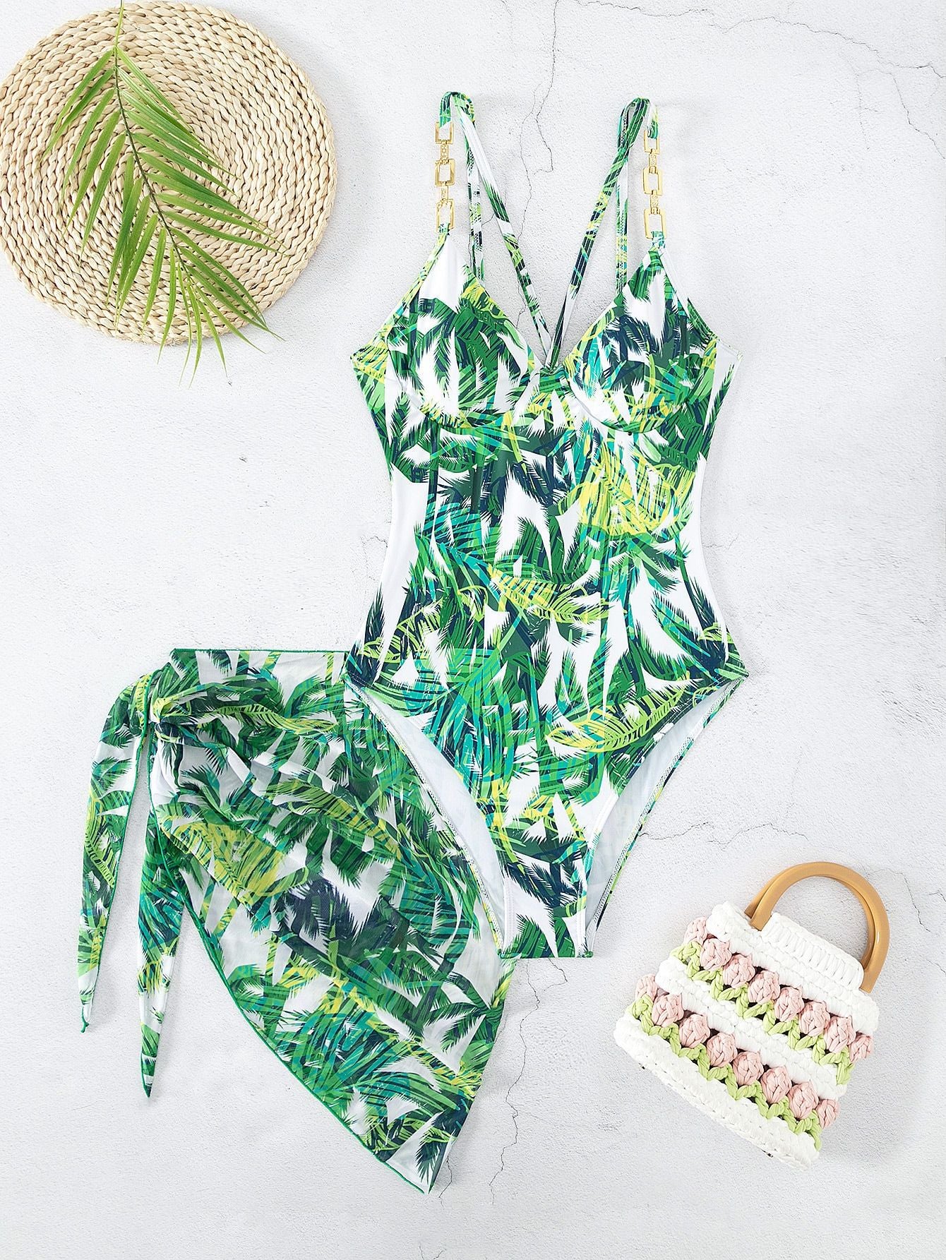 Lace Up Tulle Skirt Two Piece Bikini Set with Printed One Piece Swimsuit | noémi