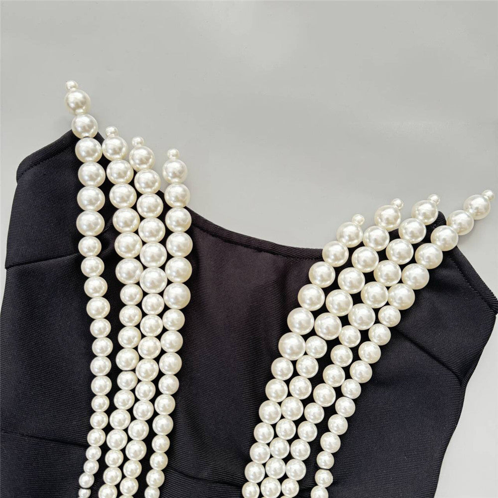 Retro Pearl Tube Top Dress | Black Bandage Gown | noémi