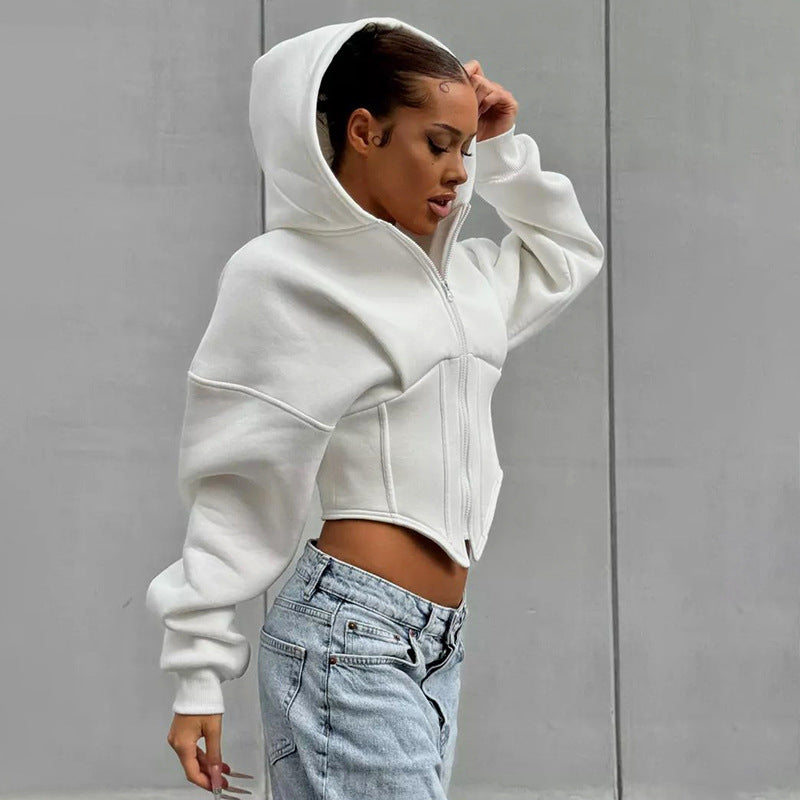 Womens Cropped Zip Hoodie | Fleece Lined, Corset Style Waist Hooded Jacket | noémi