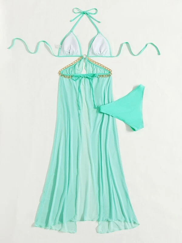 Three Piece Swimsuit Set | Sheer Split Skirt & Gold Chain Detail | noémi