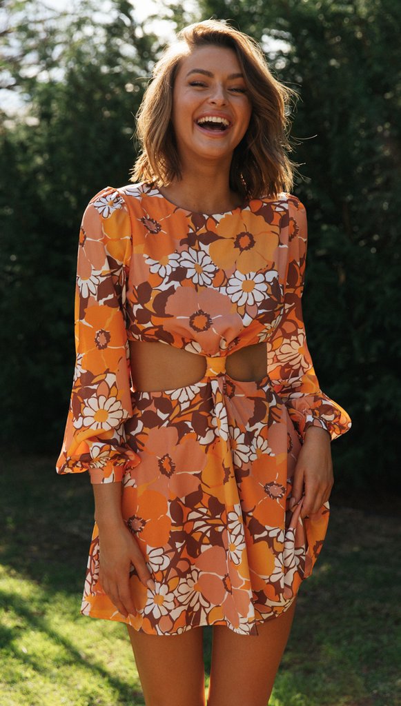 Womens Floral Printed Cropped Backless Dress with Lantern Sleeves | noémi