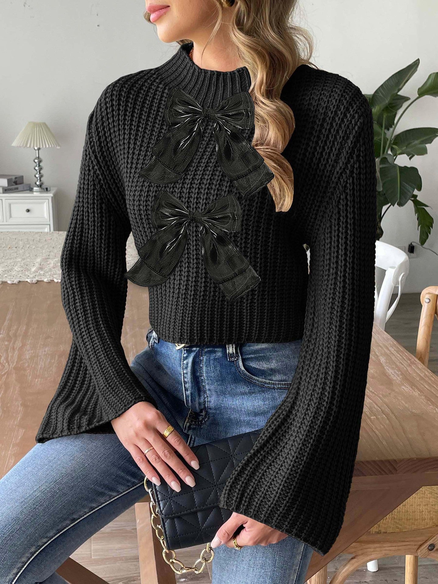 Womens Cropped Knit Sweater with Bow Detail | Flared Sleeves & Half Turtleneck Pullover | noémi