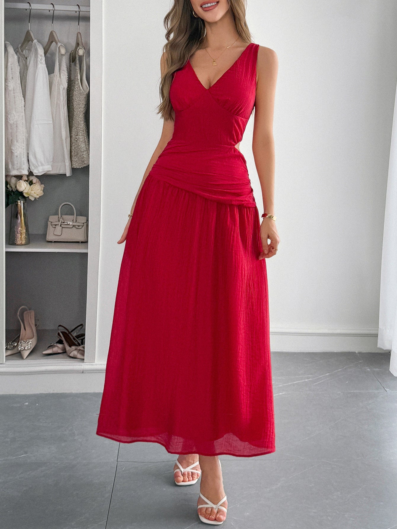 VNeck Maxi Dress | Sleeveless Ruched Waist Flowing Dress | noémi