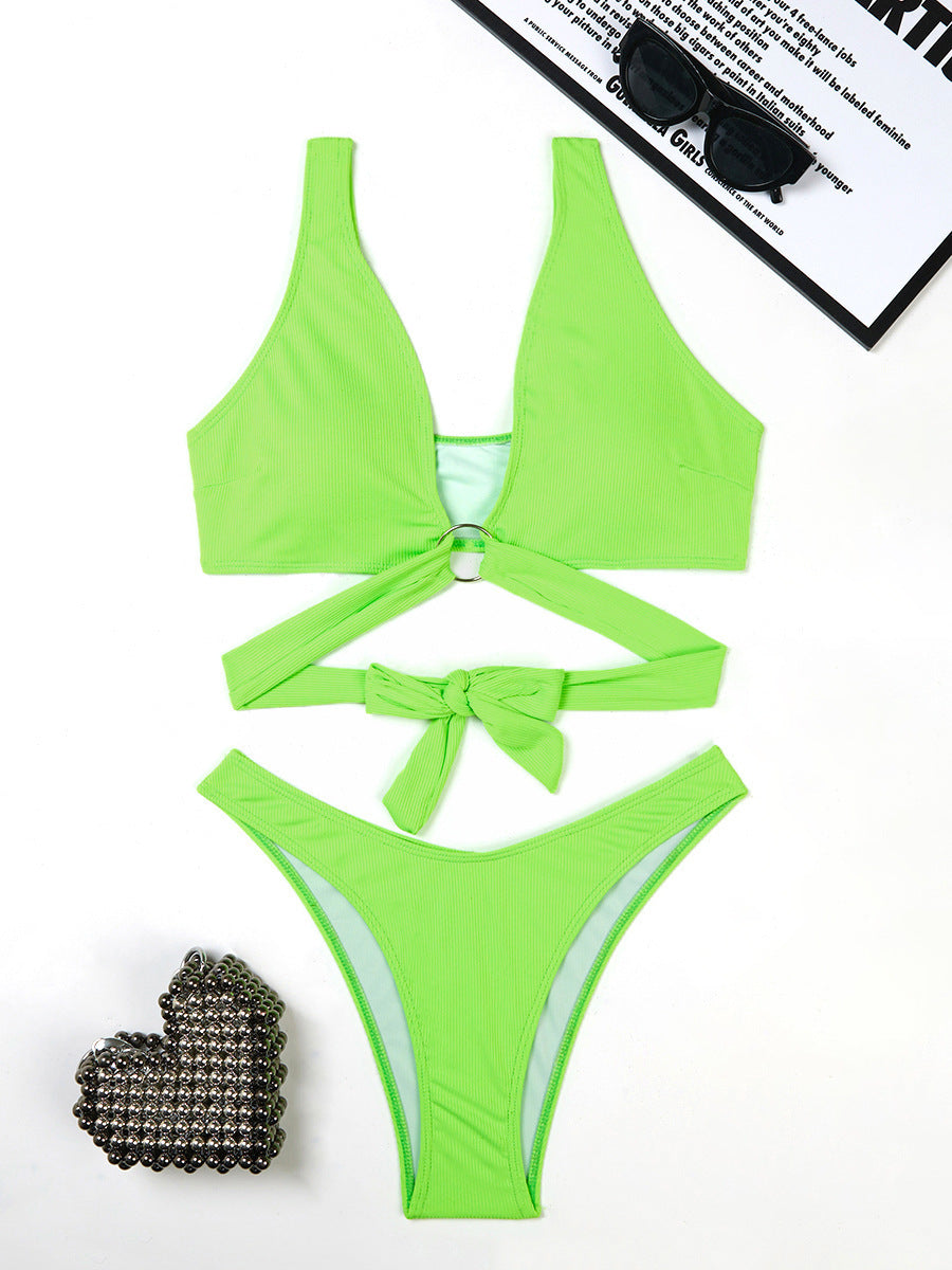 Ring Detail Three Point Bikini Set with Sunken Stripe Texture for Women | noémi