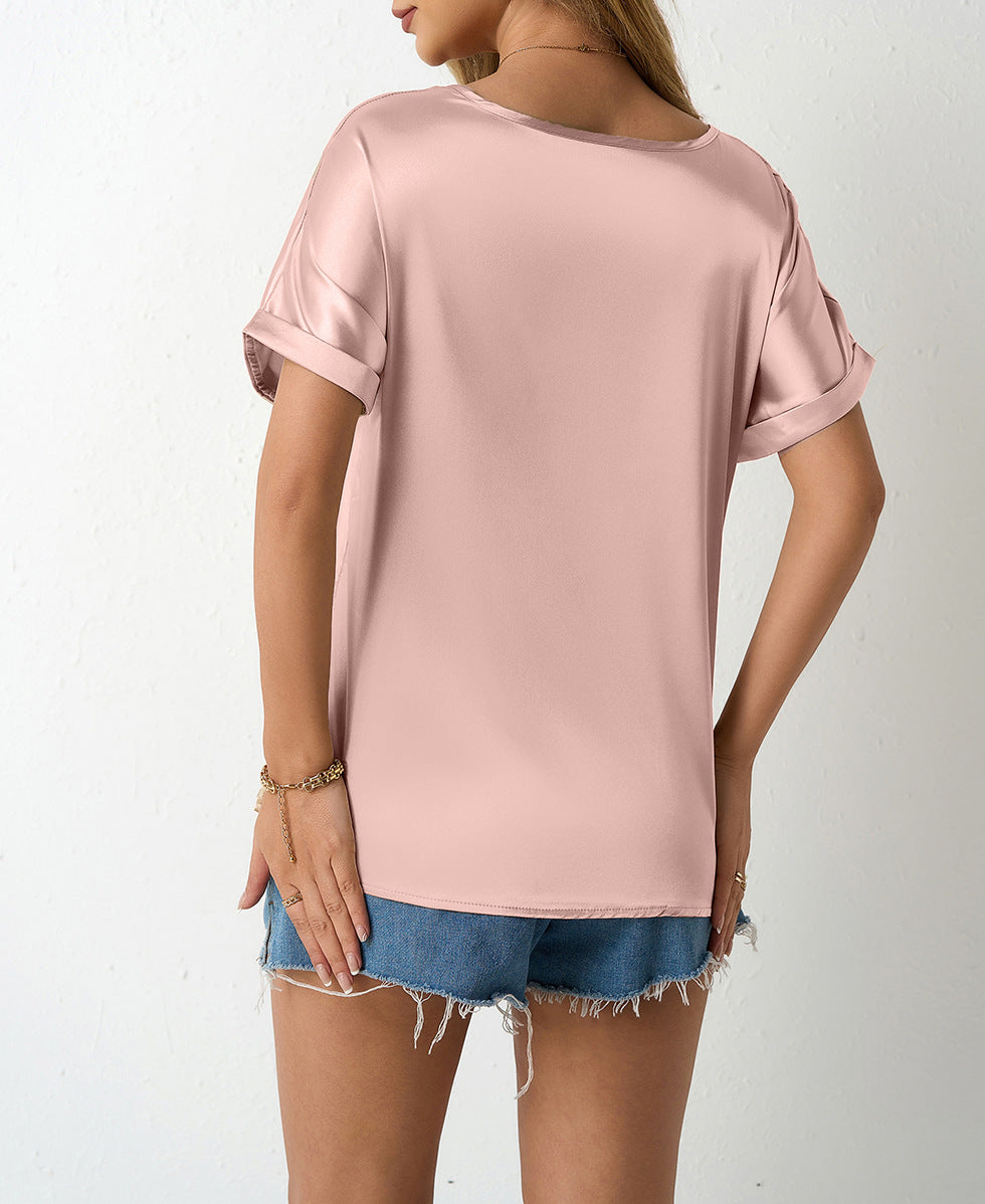 Women Satin T shirt Spring Summer Loose Pockets Short Sleeved Top | noémi