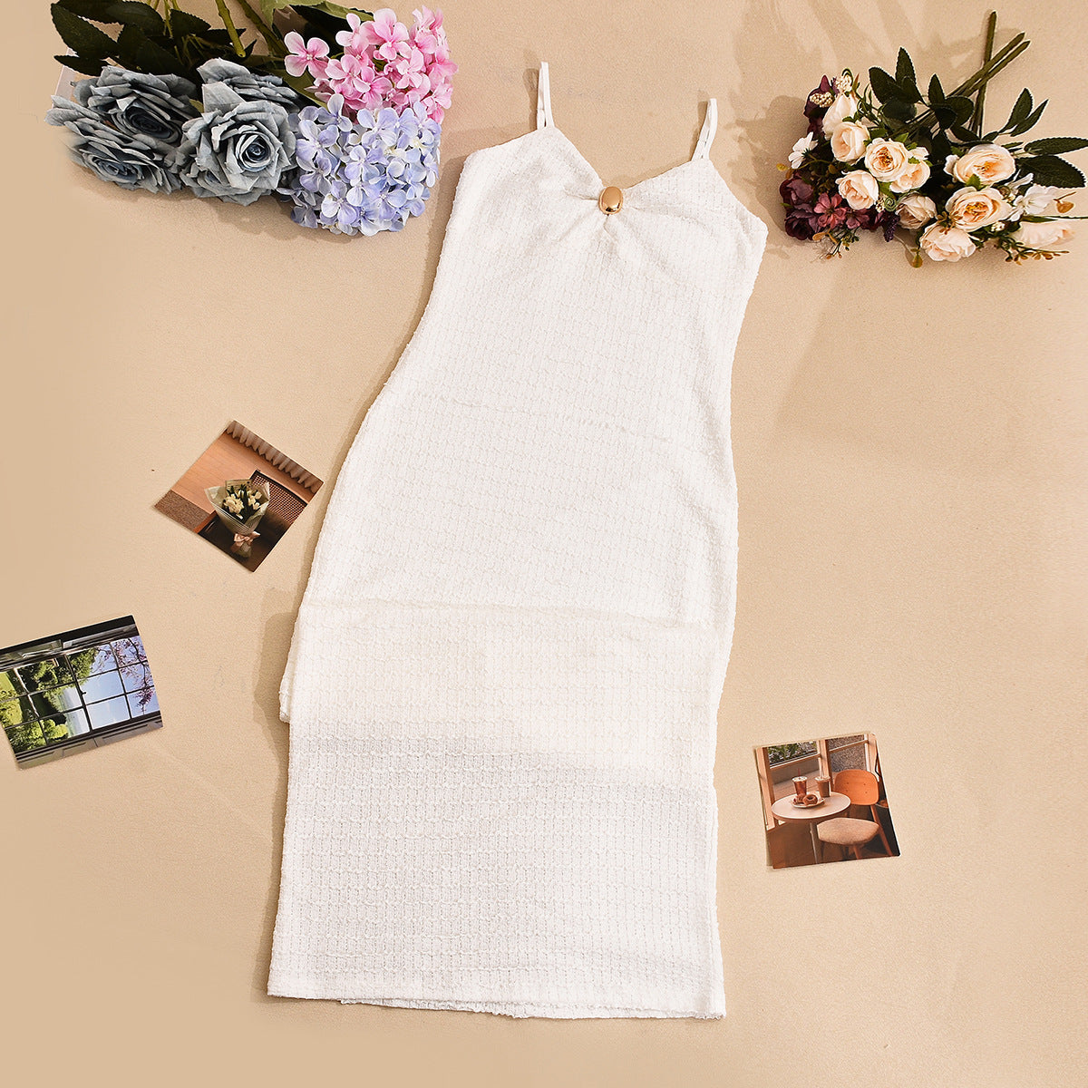 White Textured Knit Bodycon Dress | Slim Fit, Spaghetti Straps, 3D Fabric | noémi