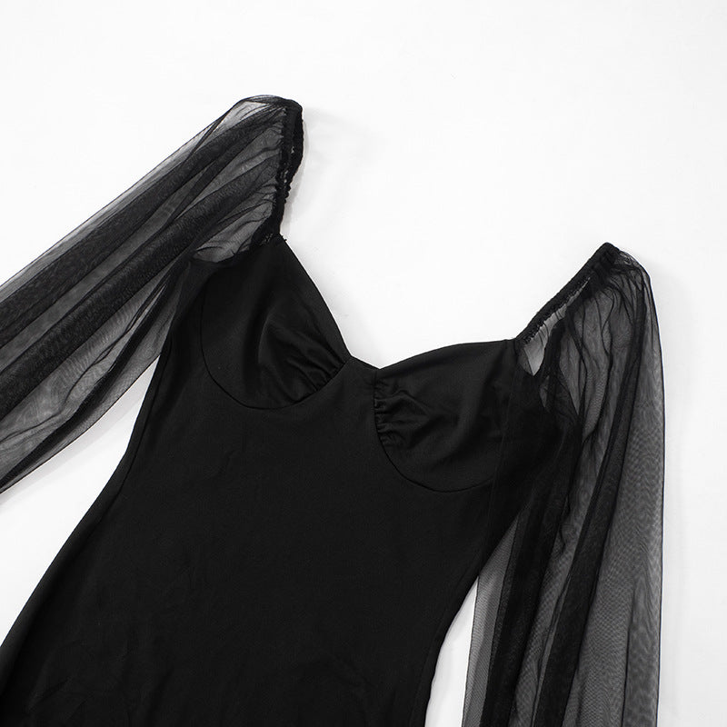 Mesh Puff Sleeve Pleated Bodycon Dress with Panel Stitching | noémi