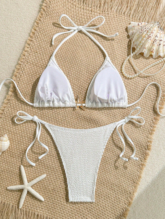 White Ribbed Triangle Bikini Set with Starfish Charm | Tie Side Beachwear | noémi