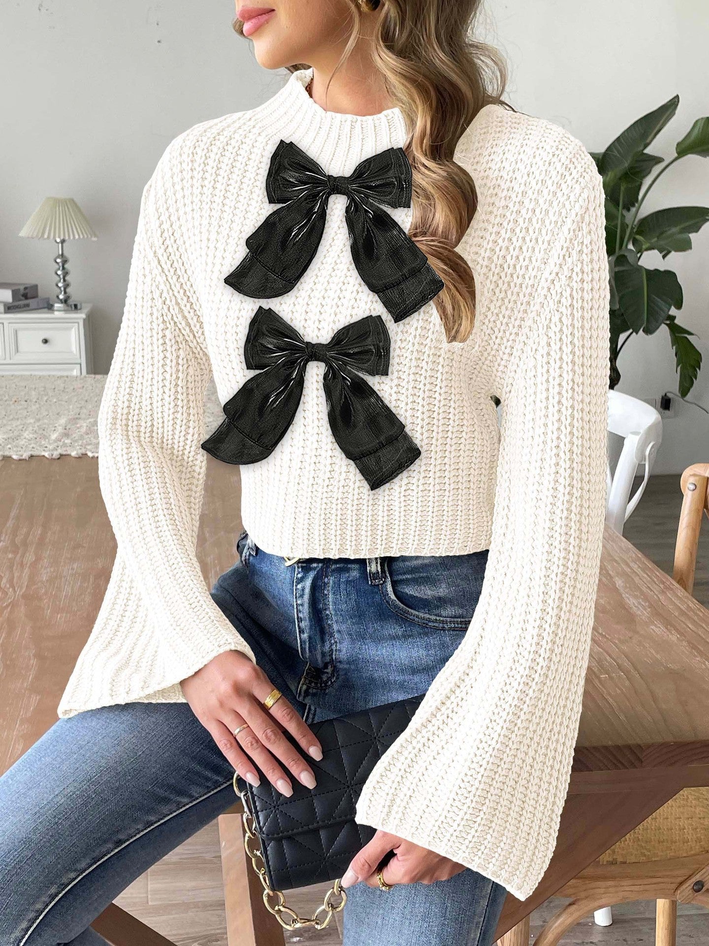 Womens Cropped Knit Sweater with Bow Detail | Flared Sleeves & Half Turtleneck Pullover | noémi