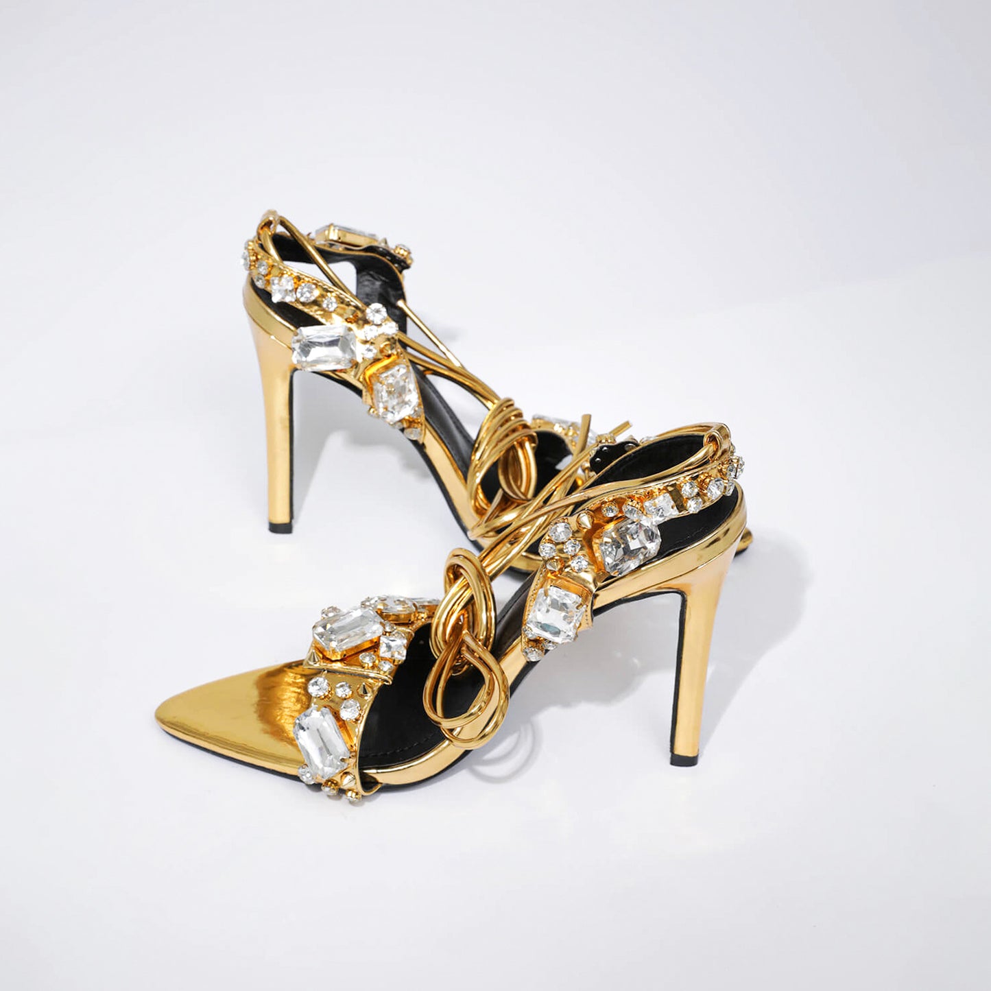 Crystal Embellished Metallic Heels | 11cm Rhinestone Lace Up High Heels | Pointed & Open Toe Sandals | noémi