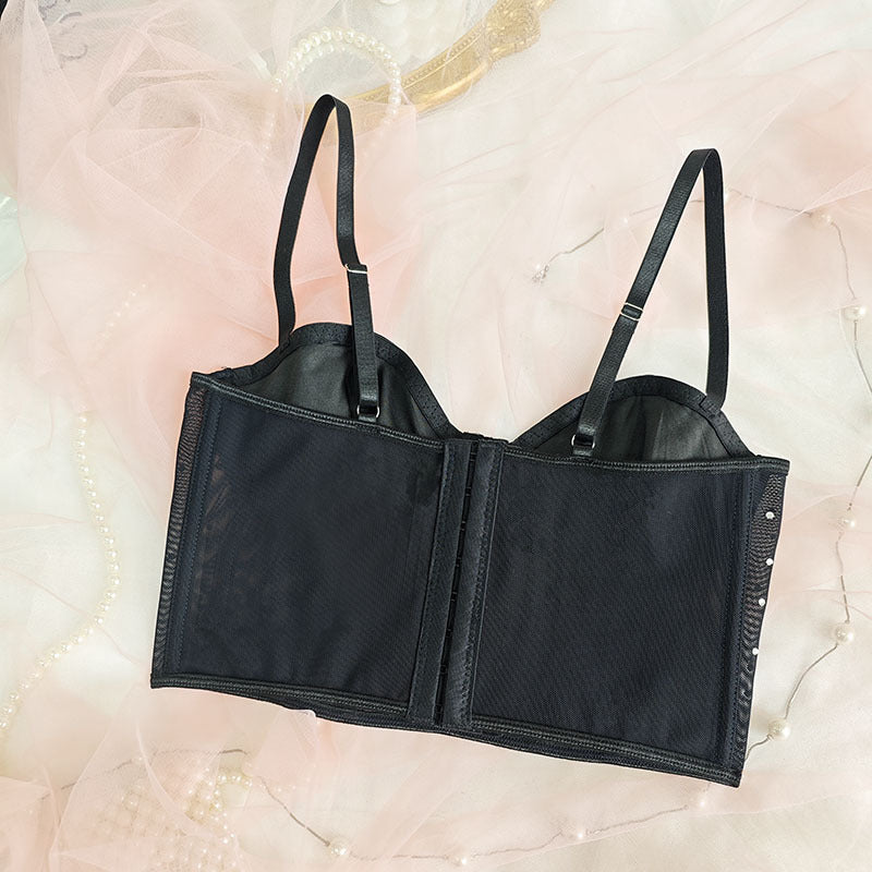 Black Studded Mesh Corset Top | Bustier Crop Top with Rhinestone Detail & Adjustable Straps | noémi