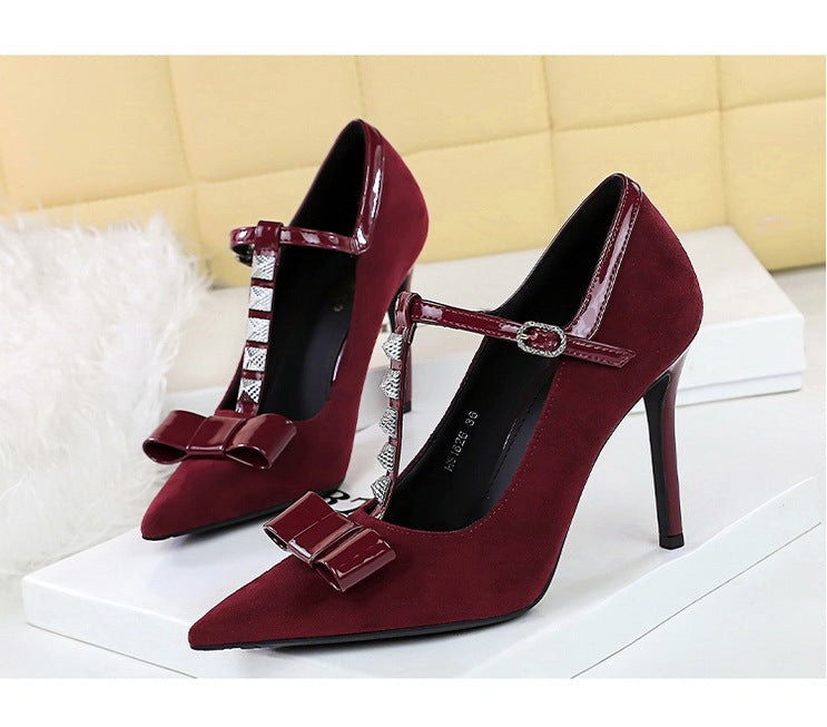 Women’s T Strap Suede High Heels | Pointed Toe, Bow & Rivet Detail | noémi