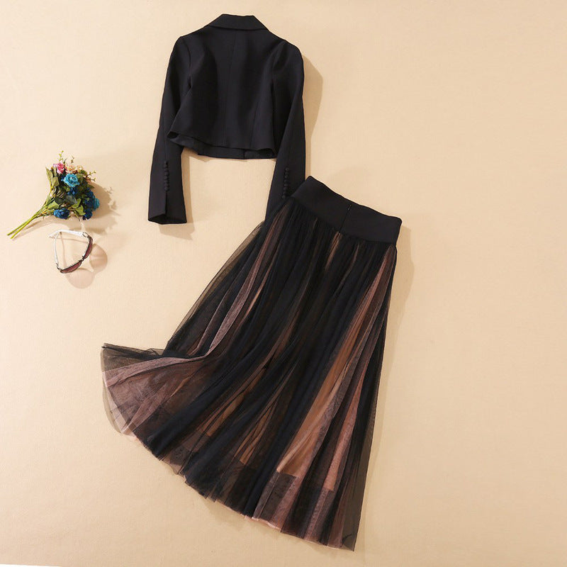 Double Breasted Green Collar Top Multi Layer Mesh Pleated Skirt Set | noémi