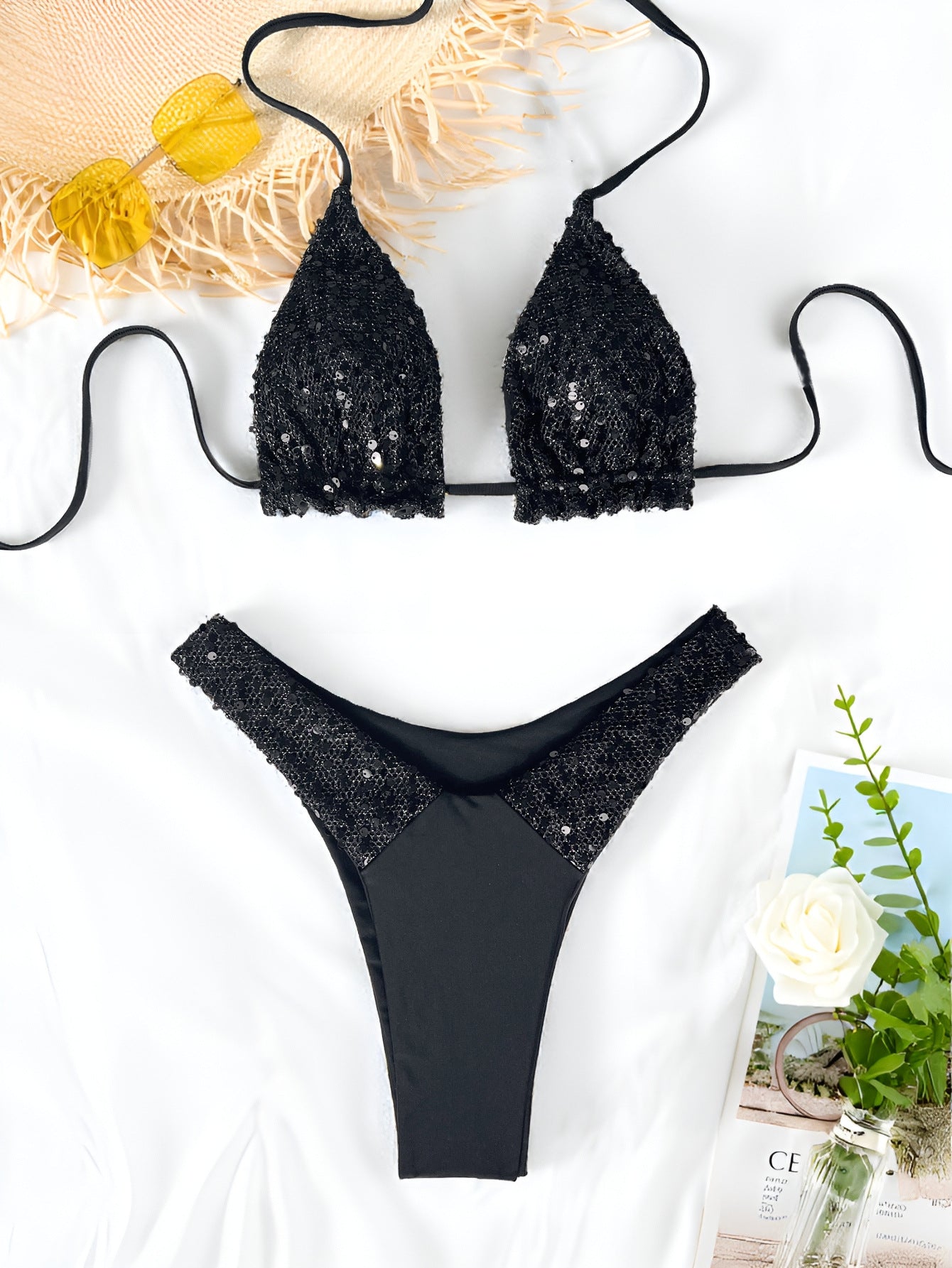 Double Strap Bikini Set with Solid Color and Sequin Detail | noémi