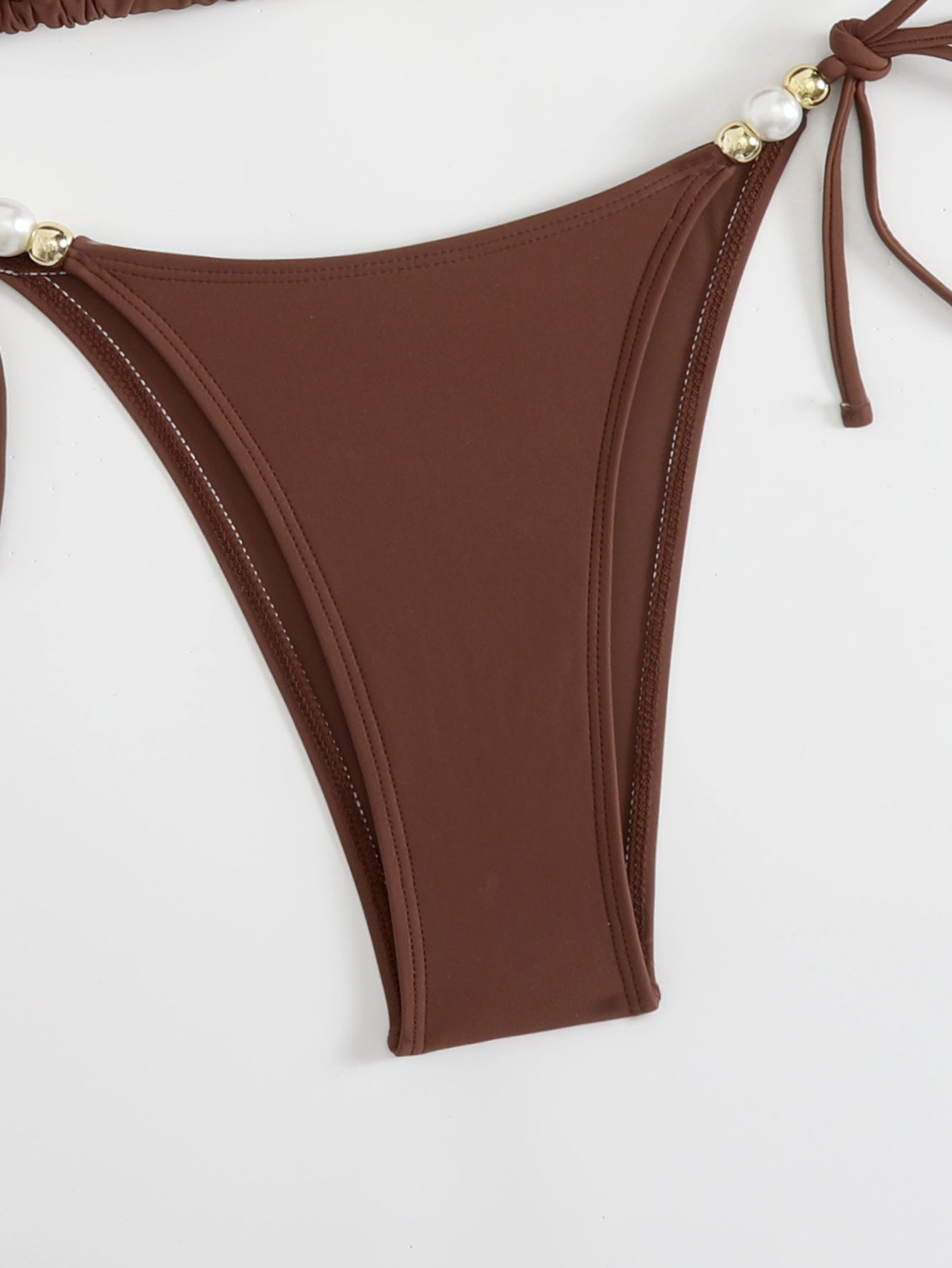 Round Beads Strap Bikini | Brown Triangle Swimsuit, Adjustable Tie, Split Bottom | noémi