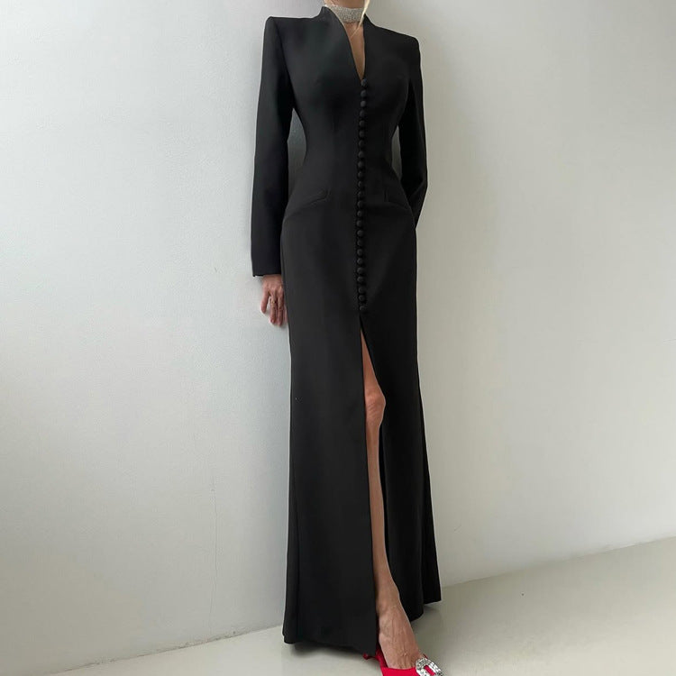 Blazer Gown | Structured Long Sleeve Maxi Dress with Slit, Tuxedo | noémi