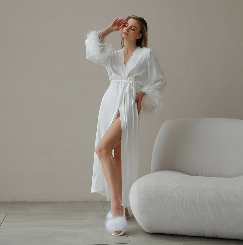 White Satin Feather Trim Robe | Bridal Lounge Robe, Belted Kimono Style | noémi