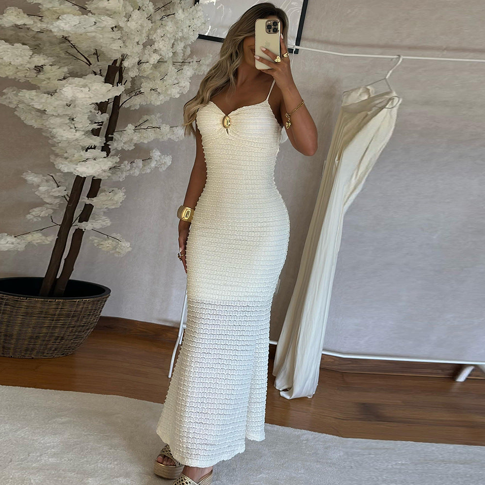 White Textured Knit Bodycon Dress | Slim Fit, Spaghetti Straps, 3D Fabric | noémi