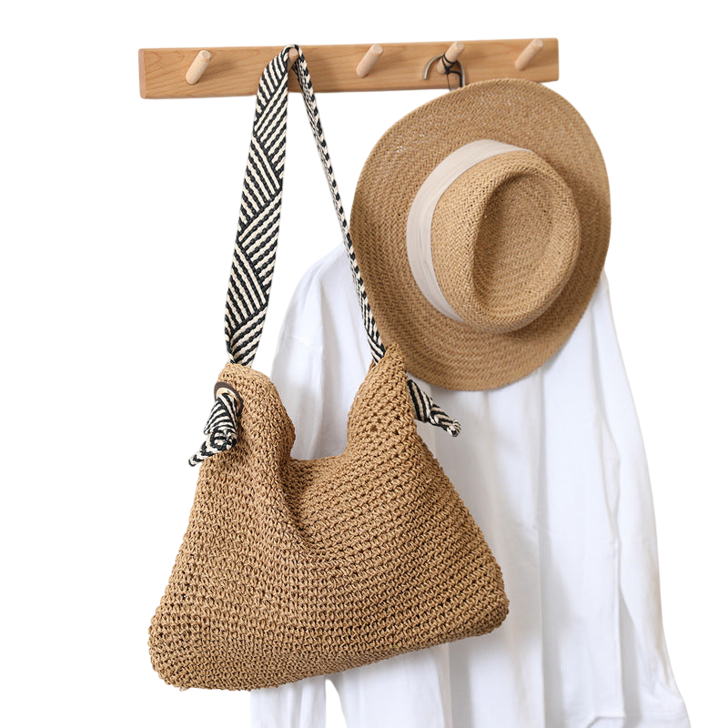 Navy Straw Shoulder Tote Bag – Hand-Woven, Striped-Handle Beach Carryall | noémi