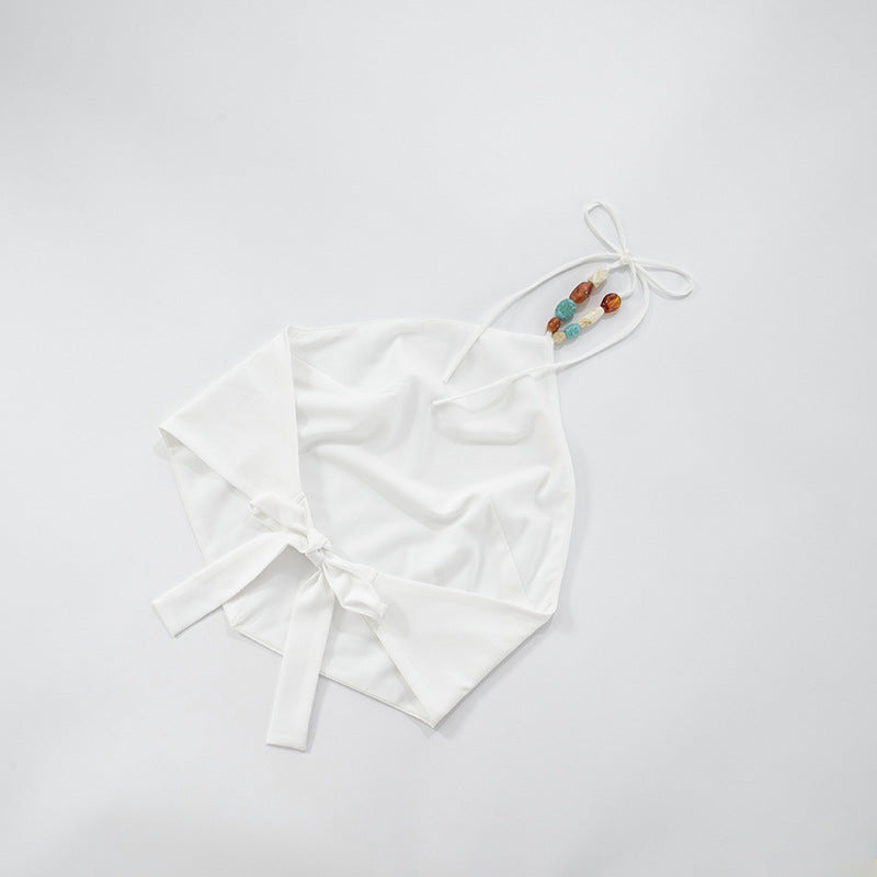 White Halter Tie Back Top with Gemstone Beaded Neck | noémi