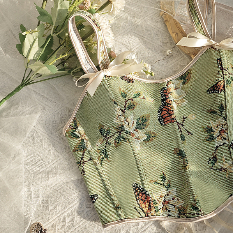 Floral Print Bow Shoulder Strap Corset Vest with Fitted Silhouette | noémi