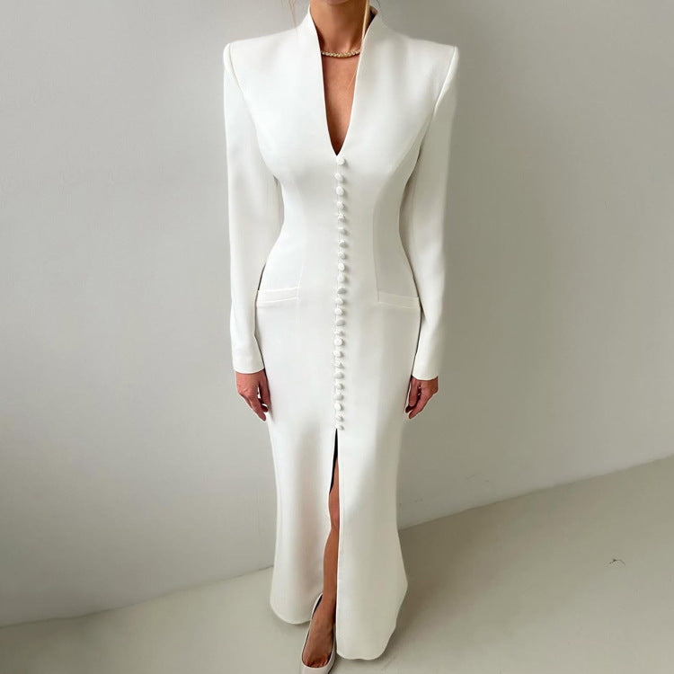 Blazer Gown | Structured Long Sleeve Maxi Dress with Slit, Tuxedo | noémi