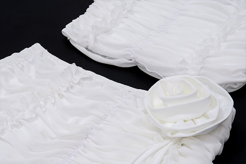 White Ruched Strapless Two Piece Set | Mesh Crop Top & Mini Skirt | noémi