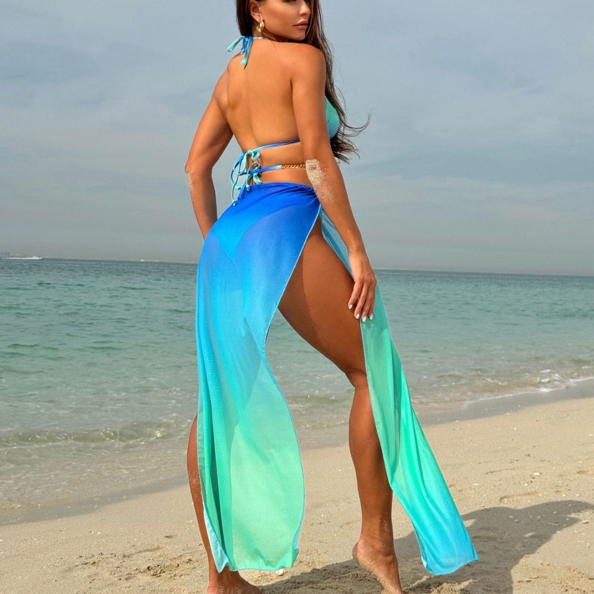 Gradient Mesh Maxi Dress & Drawstring Banded Bikini | 3 Piece Beach Glam Set | noémi