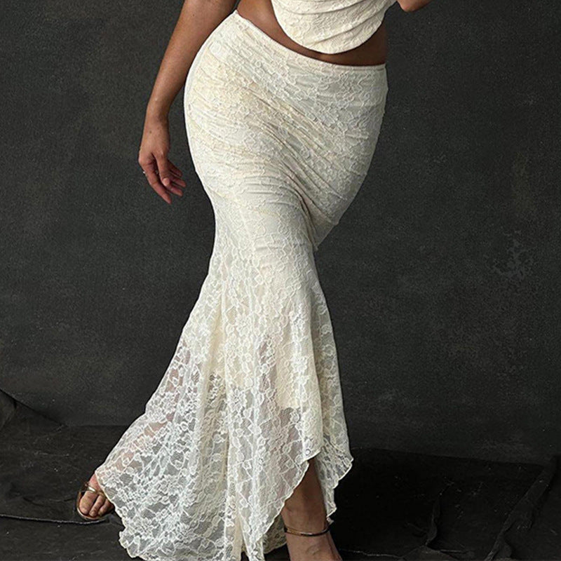 Lace Two Piece Set | Cream Ruched Crop Top & Fishtail Maxi Skirt with Corset Back | noémi