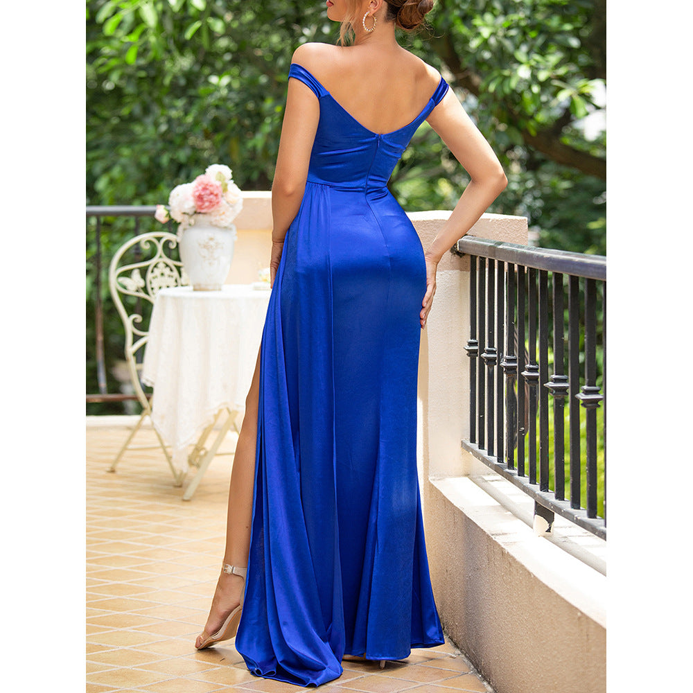 Off Shoulder Blue Dress with Side Slit | Fitted Silhouette for Women | noémi