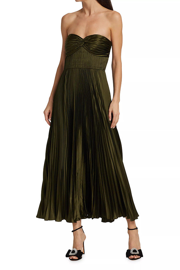 Pleated Satin Maxi Dress | Strapless Wrapped Chest | noémi