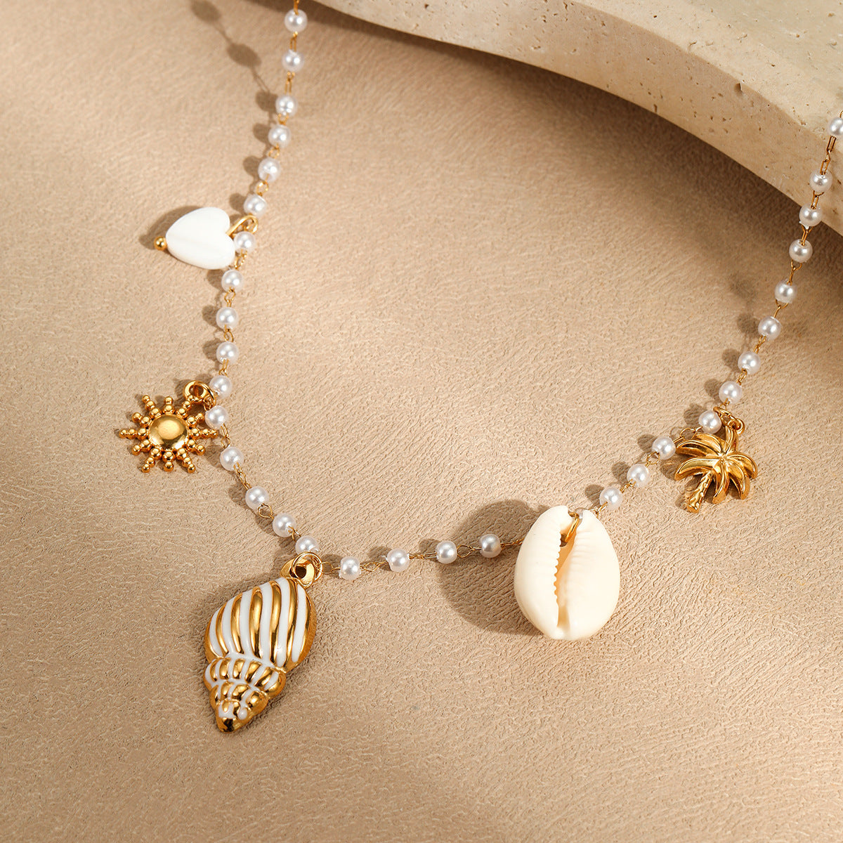 Marine Charm Pearl Necklace | Gold Stainless Steel Conch & Shell Pendant Choker | noémi