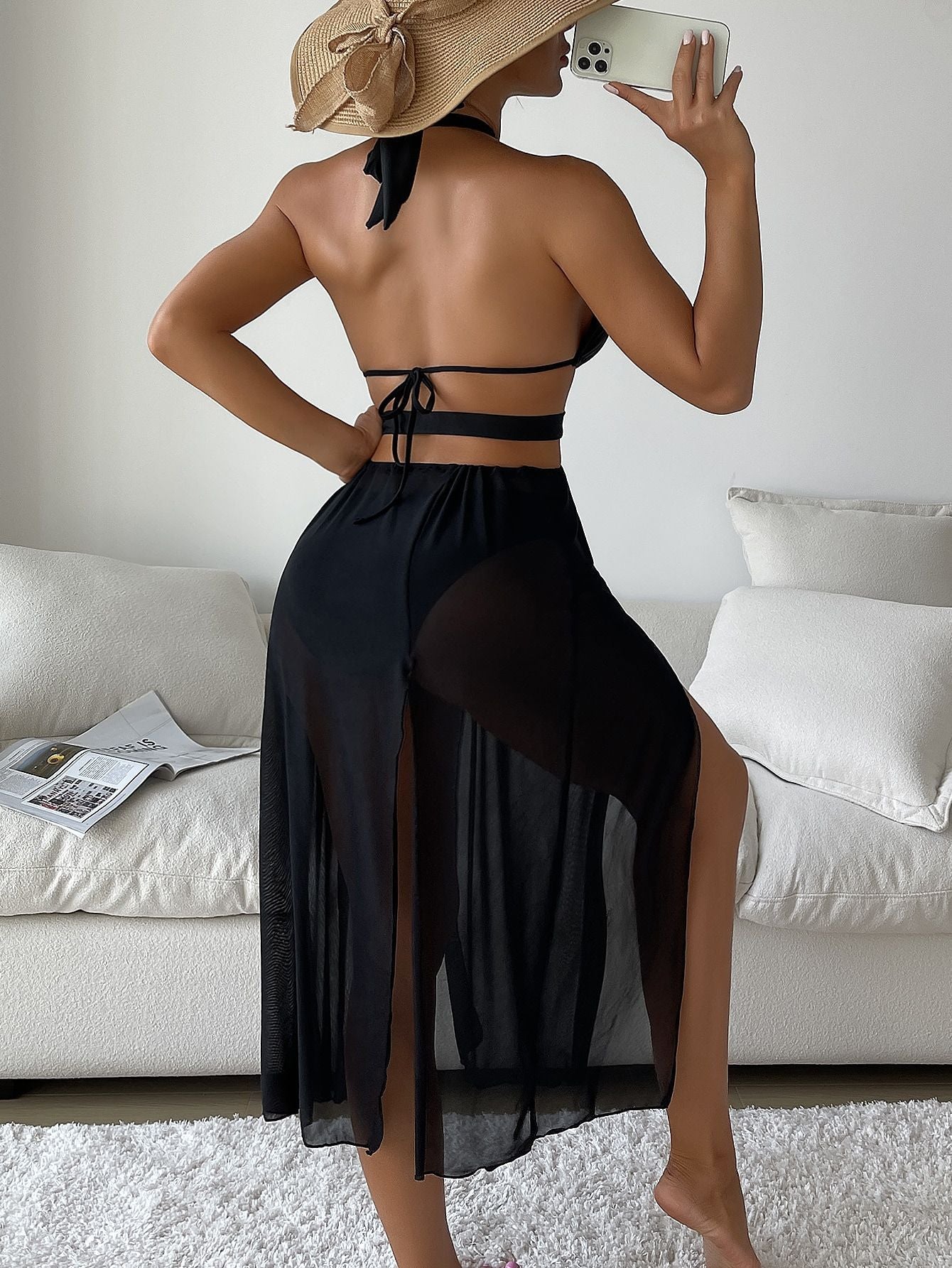 Black Cutout Mesh Maxi Beach Dress | Swimsuit Cover Up with Halter Neck & Side Slits | noémi