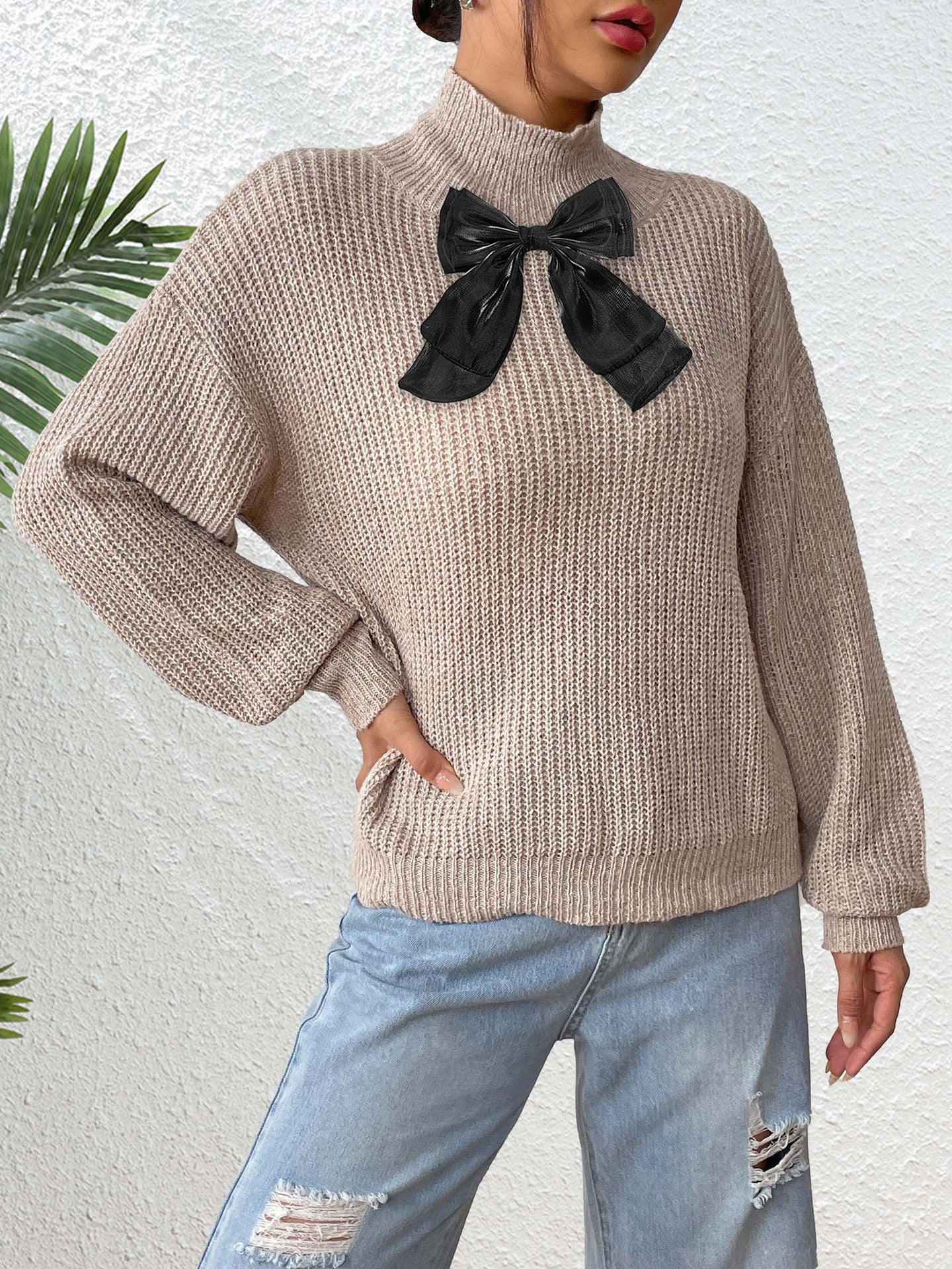 Womens Knit Turtleneck Sweater | Beige Pullover with Black Velvet Bow | noémi
