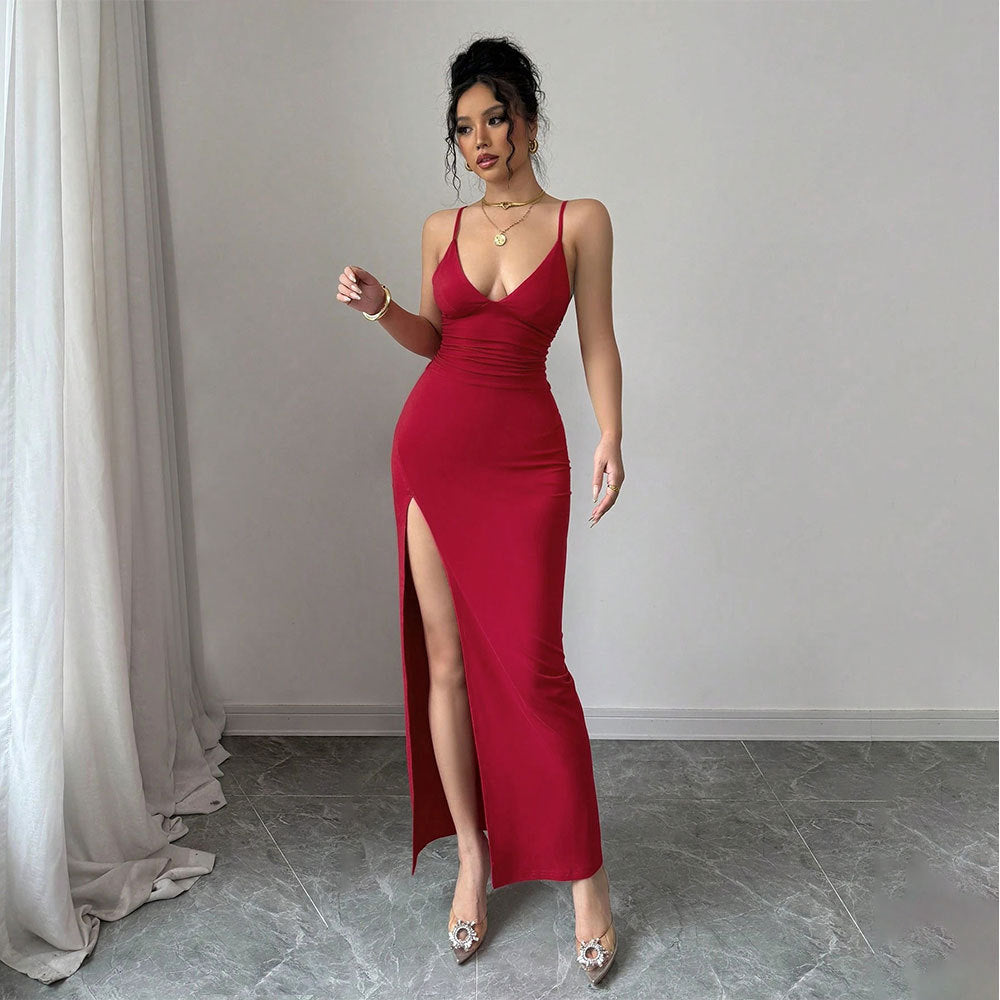 Womens Red Bodycon Maxi Dress | Spaghetti Strap with High Slit & Open Back | noémi