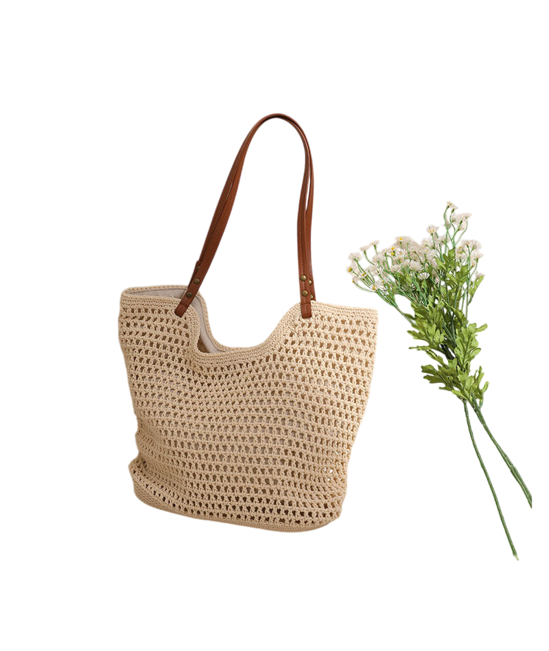 Cotton-Thread Crochet Shoulder Tote – Hollow-Out Large-Capacity Beach Bag, Cream | noémi