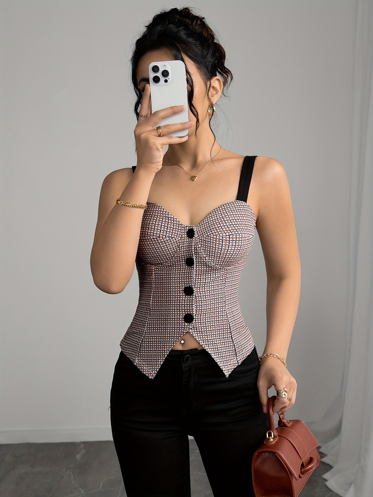 Retro Plaid Corset Tube Top | Button Front, Slim Fit, French Chic Style | noémi