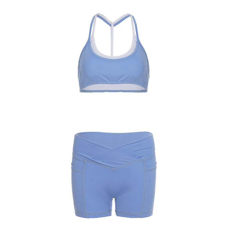 Faux Two Piece Contrast Sports Set | Womens V Waist Shorts & Racerback Bra | noémi