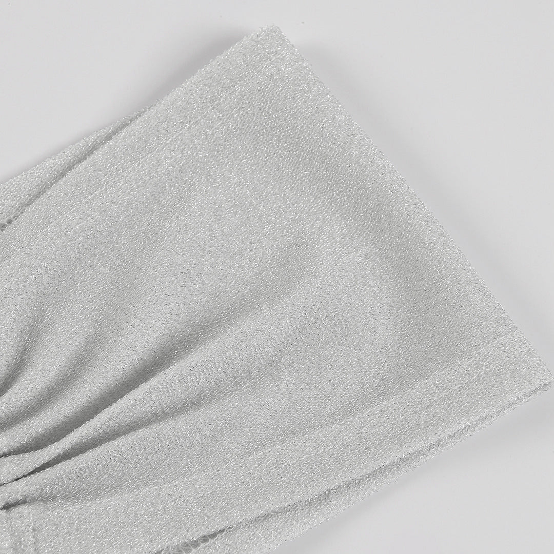 Silver Shimmer Cutout Gown | Backless Halter Maxi Dress with Metallic Glow | noémi