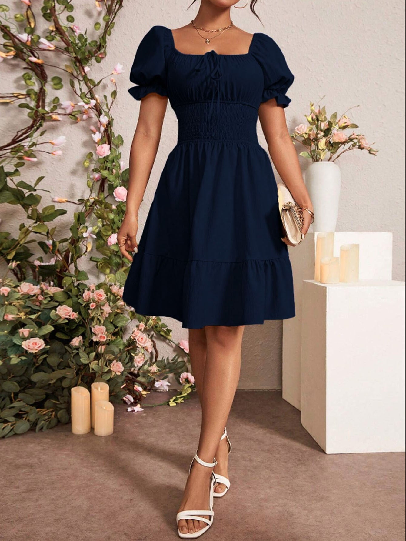 Navy Blue Square Collar Backless Mid Length Dress with Puff Sleeves | noémi