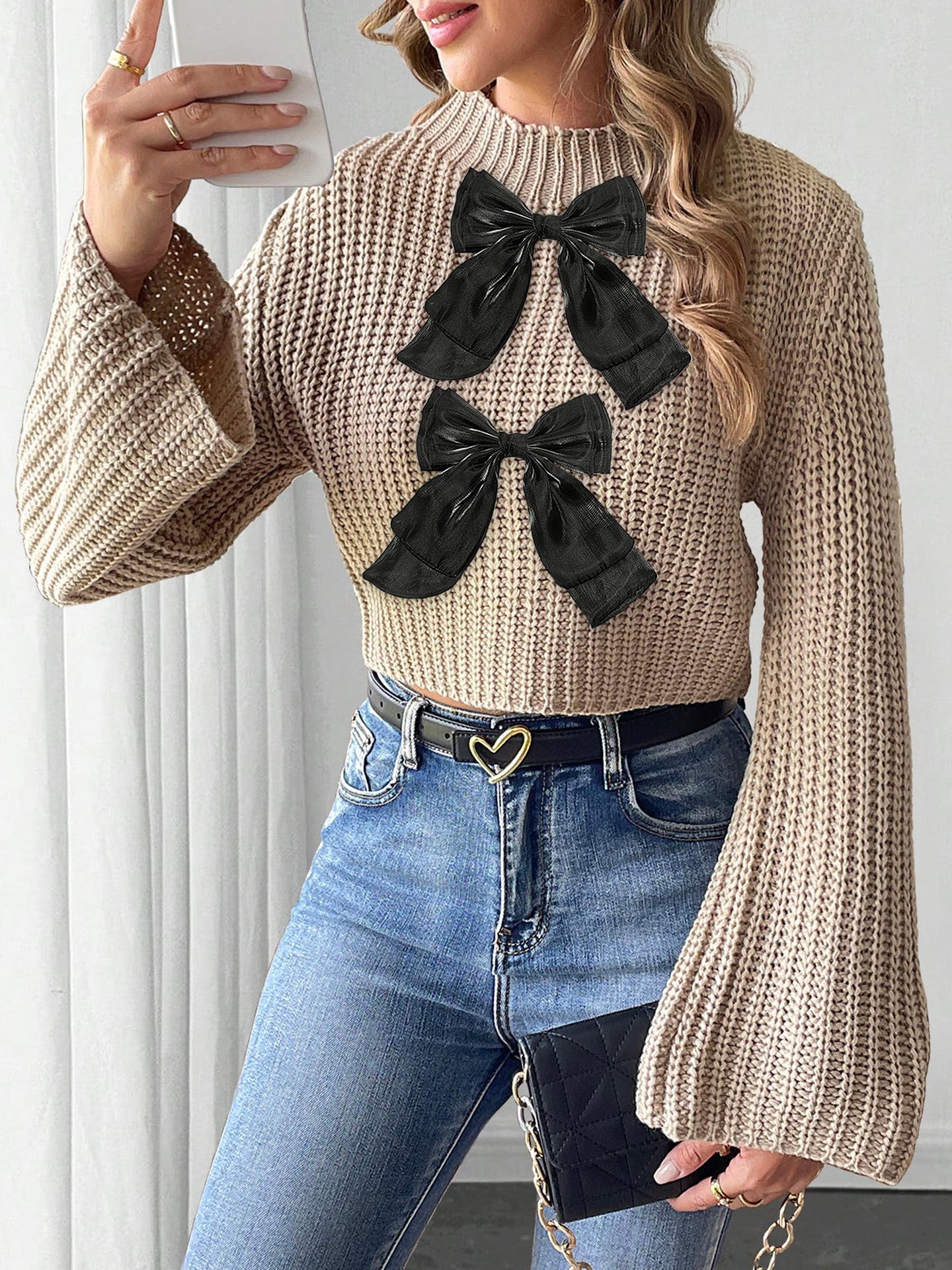 Womens Cropped Knit Sweater with Bow Detail | Flared Sleeves & Half Turtleneck Pullover | noémi