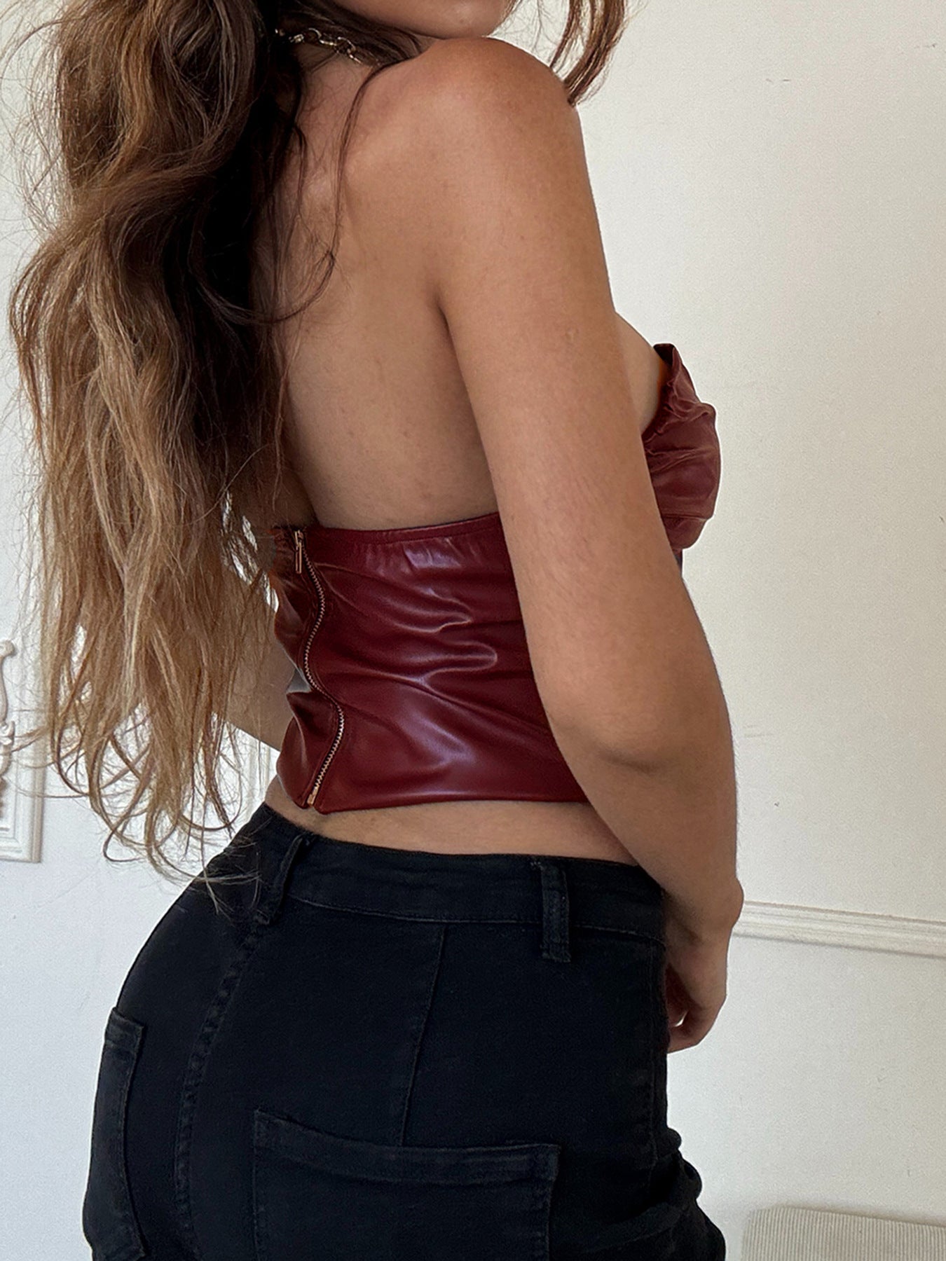 Faux Leather Bandeau Top | Asymmetric VNeck, Pleated Waist, Strapless, Wine Red | noémi