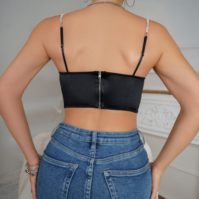 Low Collar Pleated Rhinestone Boning Corset with Sling Straps | noémi