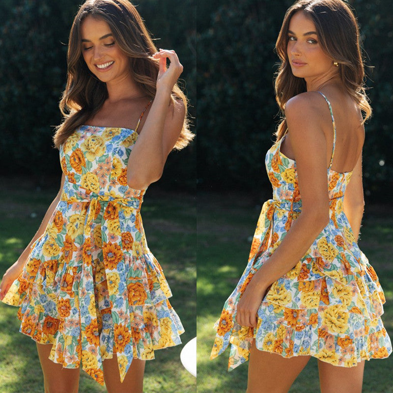 Womens Floral Printed Tiered Mini Dress | Sundress with Spaghetti Straps & Smocked Waist | noémi