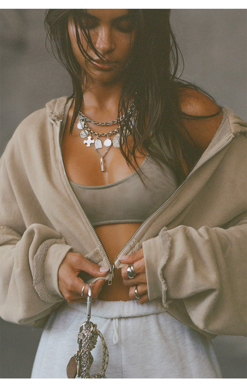 Cropped Hoodie | Frayed Hem, Long Sleeves, Soft Fleece Zip Up Jacket for Women | noémi