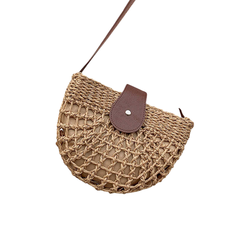 Straw Half-Moon Crossbody Bag – Hollow-Out Woven, Brown | noémi