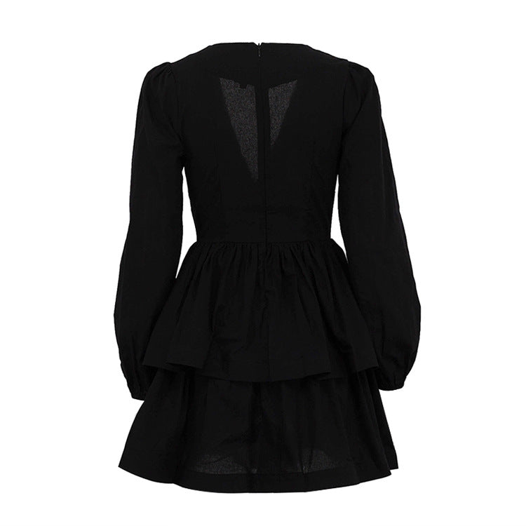 Women’s Black Puff Sleeve VNeck ALine Dress | Waist Controlling Tiered Mini Dress | noémi